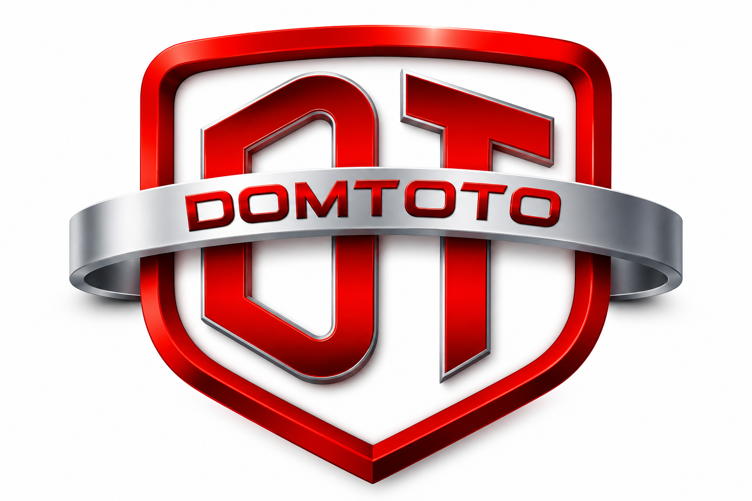 Perisai merah DOMTOTO dengan huruf DT dan pita nama.